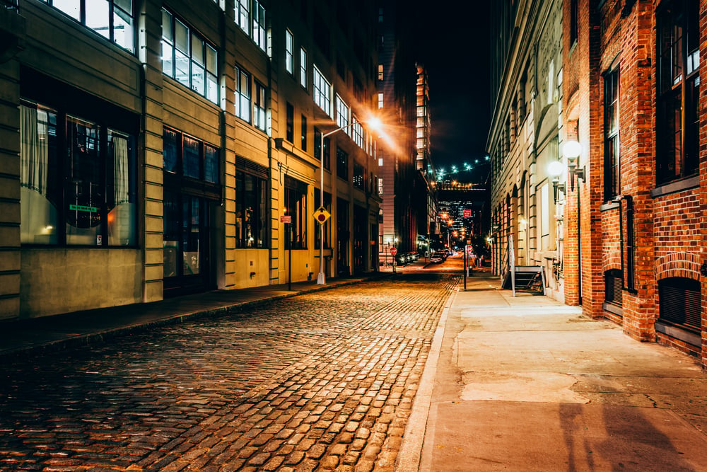 An alley at night, in Brooklyn, New York.