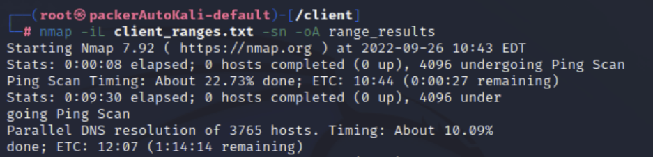 An Nmap scan in Kali Linux that will scan thousands of hosts