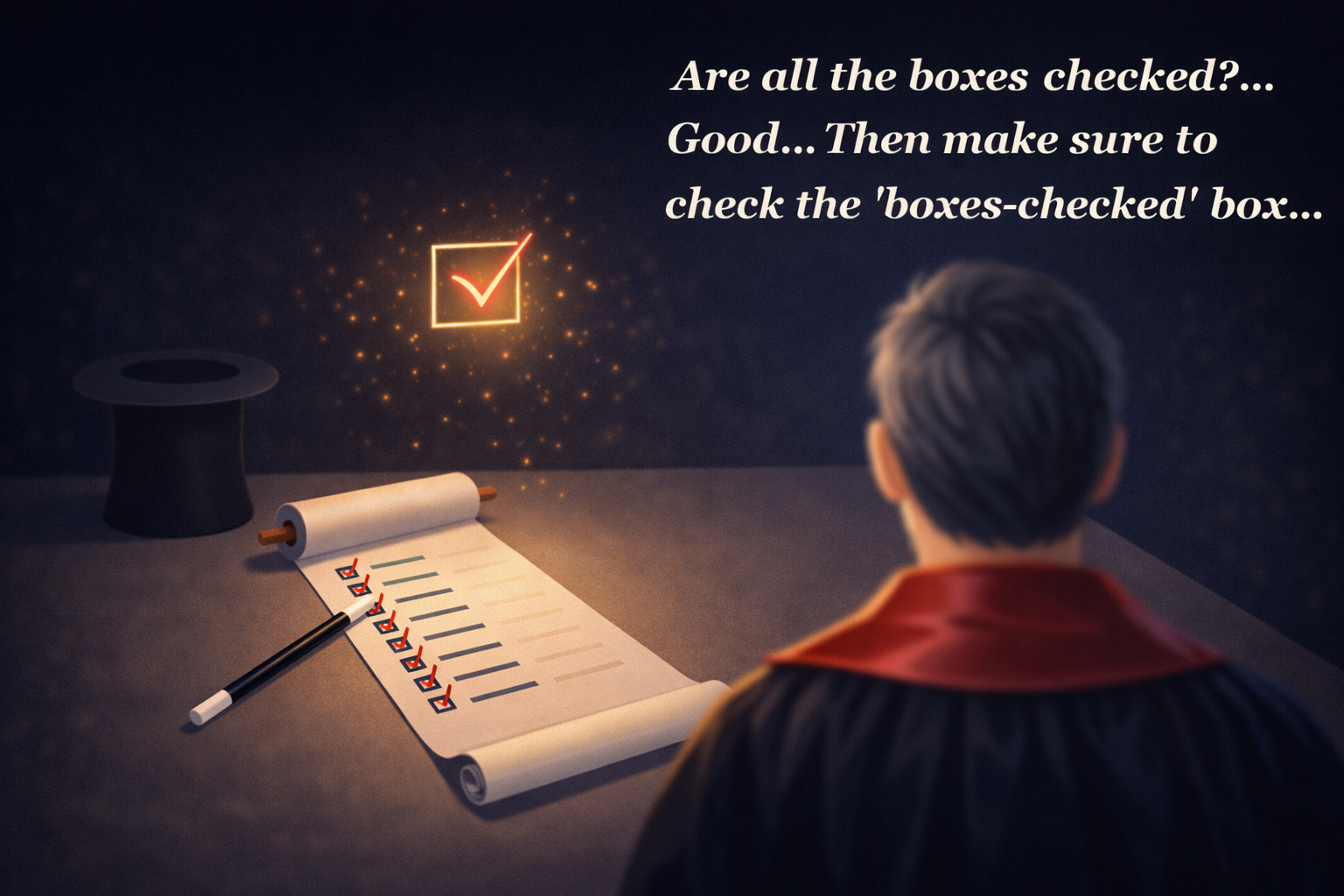 “Are all the boxes checked?...  Good... then make sure to check the ‘boxes-checked’ box…” 