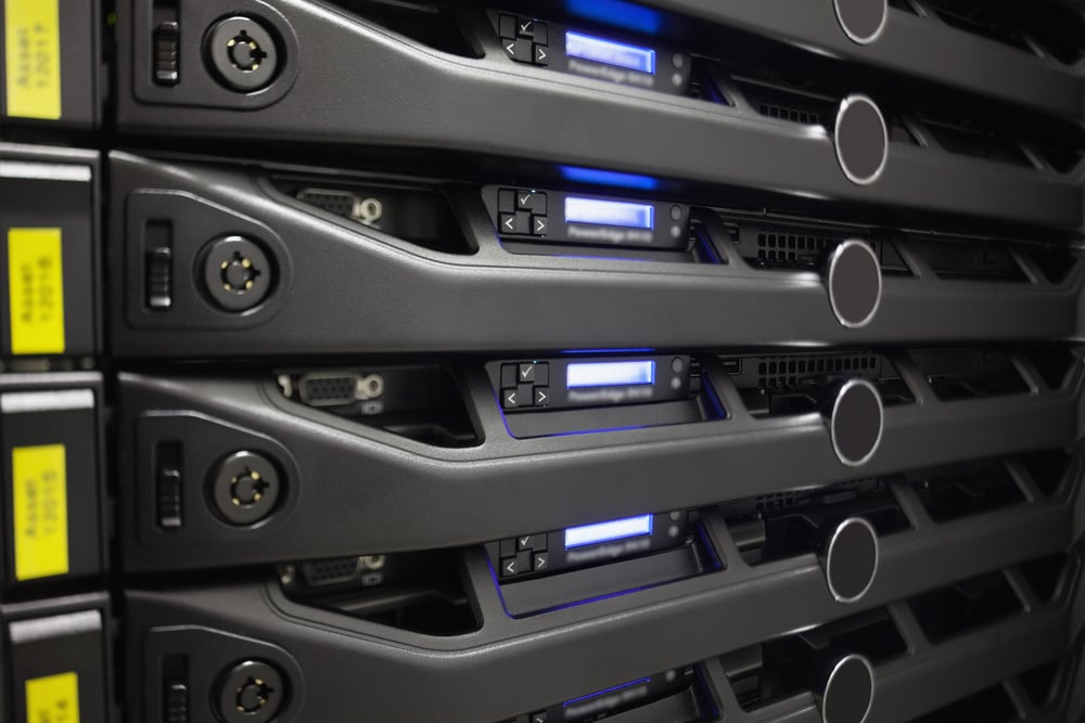 Close-up of a server in a box in the hallway