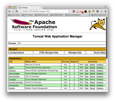 Tomcat Manager showing deployed web applications