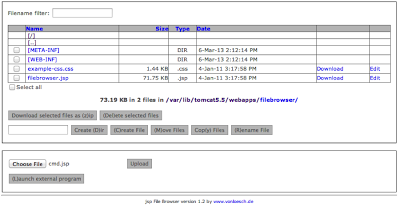 JSP File Browser showing the server file system
