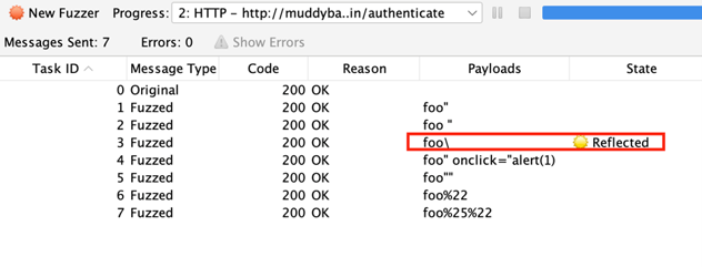 Fuzzing results in ZAP, with a highlighted entry showing the payload foo followed by a trailing backslash (or escape) character was marked as reflected.