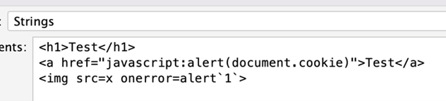 A set of 3 values in ZAP's payload dialog, each creating a different HTML element. Two of these have script payloads as well, one in an a tag's href attribute, the other in an img onerror event handler.
