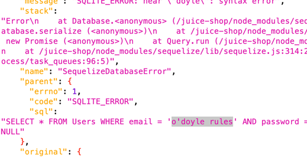 A section of an error response showing a SQL error, with the malformed query visible highlighting how o'doyle's apostrophe caused the string to be closed early, malforming the query.