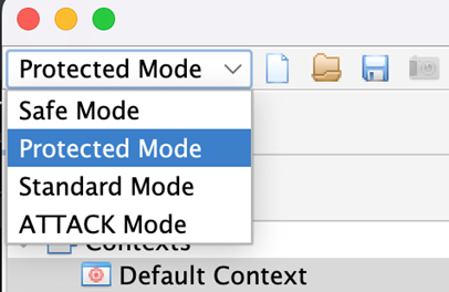 The OWASP ZAP desktop app with the Mode dropdown open, and Protected Mode highlighted.