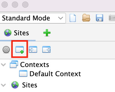 ZAP Sites tab with the Add Context button highlighted.