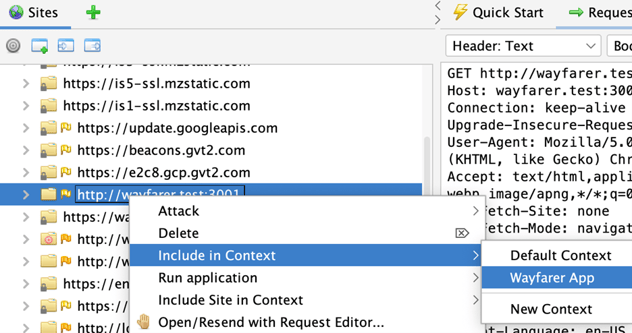 ZAP's sites list with the wayfarer.test:3001 entry highlighted and the context-menu open. The Include in Context submenu is open, with the Wayfarer App option highlighted.