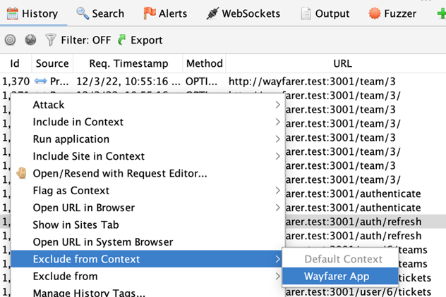 A highlighted path in ZAP's History pane, with the context menu open to the Exclude from Context submenu, with the Wayfarer App item highlighted.