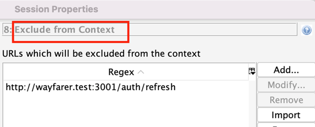 ZAP's session properties dialog with the Exclude from Context panel open, highlighting the name the panel.