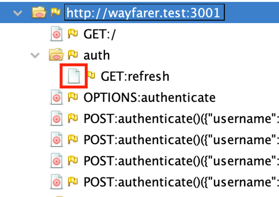 ZAP's Sites pane with the Wayfarer.test:3001 subtree open. The highlighted icon under auth/GET is missing the in scope (target) symbol the other nodes have.