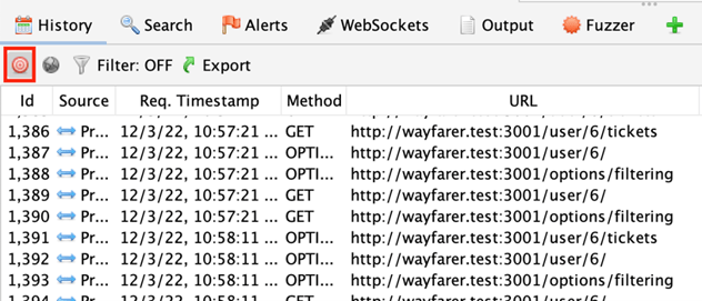 ZAP's History Pane with the In-Scope (target) filter button highlighted.