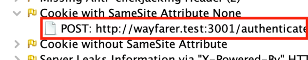 Alerts tree in ZAP with one alert expanded and the child node for the related POST request highlighted.