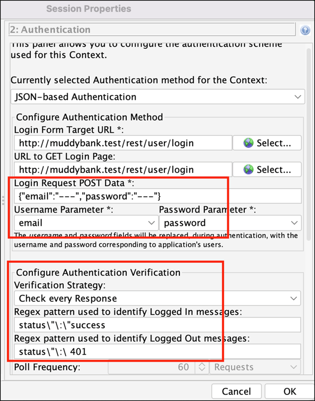ZAP's session properties dialog with two highlighted sections. The first section covers 3 fields, the Login Request POST Data shows a JSON structure as in the login request previously shown. The Username parameter dropdown has selected email. The password parameter dropdown has selected password. Each correspond with the respective properties in the json payload. The subsequent section is the Configure Authentication Verification section, with regex patterns set to match the previously identified status: success and status: 401 response bodies.