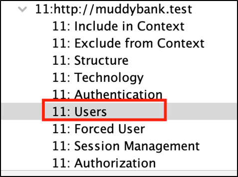 The menu of ZAP's session properties dialog with the Users option highlighted.