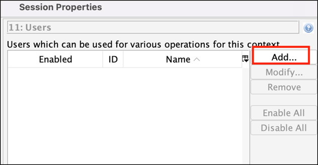 The Users options within the session properties dialog with the Add button highlighted.