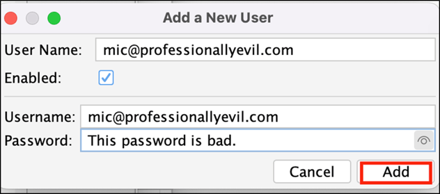 ZAP's Add a New User pop-up dialog, with the fields filled in to match the user previously used in the example login. The Add button is highlighted.