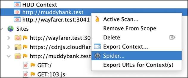 ZAP's sites pain with the context menu opened on the target host and the Spider option highlighted on the menu.