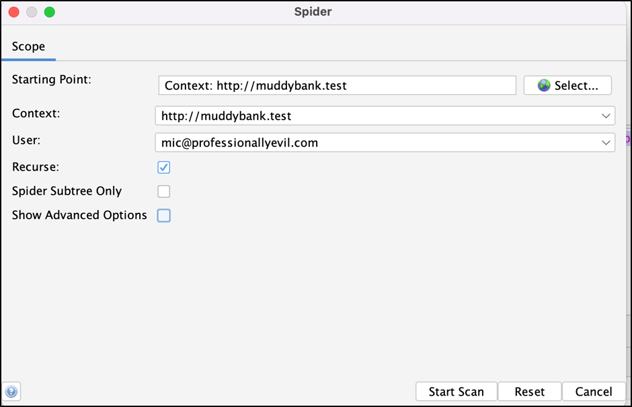 ZAP's Spider dialo, populated with the context and user that were previously setup.