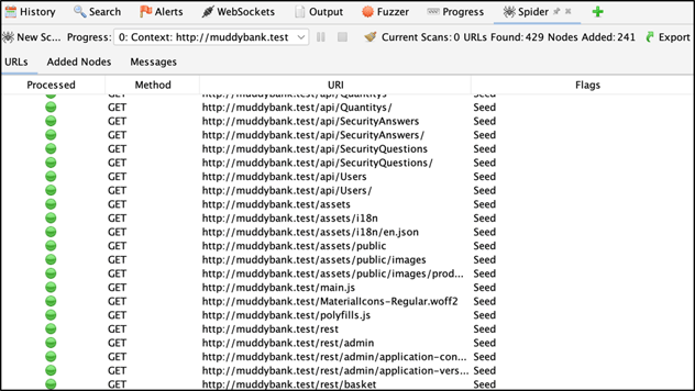 Burp's spider pane with many requests listed.