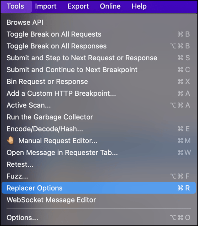 ZAP's Tools menu on the main application menu, with the Replacer Options menu item selected.