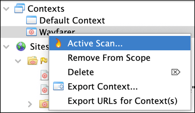 ZAP's sites pain with the context menu open on the Wayfarer context, and the Active Scan menu item highlighted.