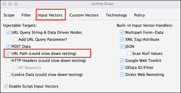 The Active Scan dialog with the Input Vectors tab highlighted and the URL Path option highlighted and checked.