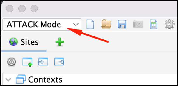 The Mode selector dropdown in the ZAP main window, with ATTACK Mode selected.