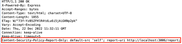 A captured response in ZAP, showing the Content-Security-Policy-Report-Only header has been set in accordance to the Replacer rule.