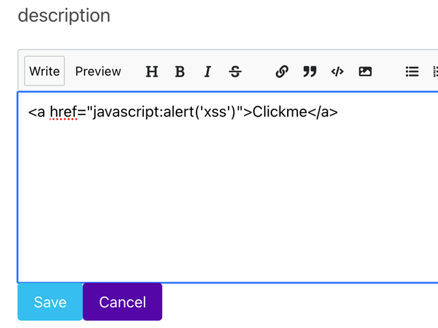 The ticket description field in the Wayfarer target app, with an HTML link set to execute javascript.