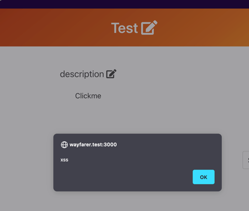 The Wayfarer app with the alert pop-up showing script execution for the injected element was not prevented.