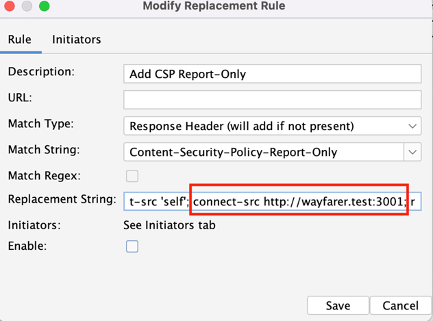 ZAP's replacer opened again to the same rule that was created earlier, with a highlighted portion of the Replacement String showing that the connect-src directive was added for the Wayfarer API on port 3001.