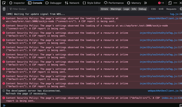 The console in the browser's dev tools shows several messages indicating CSP Reports being sent.