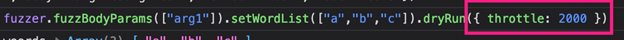 The highlighted portion of the command in the console shows the dryRun function receiving a javascript object as a parameter. This object has one property, called throttle, which has been set to a value of 2000.