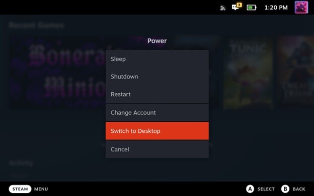 Steam Deck power menu highlighting the 'Switch to Desktop' entry.