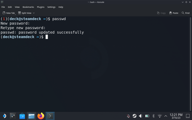 An example of the usage of the 'passwd' command to set a password for the deck linux user.