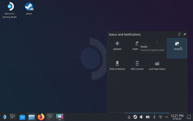 How to access the vaults settings through the status bar tray in desktop mode.
