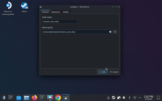 Setting the name and mountpoint of a plasma vault.