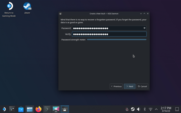 Setting the password for a newly created plasma vault.