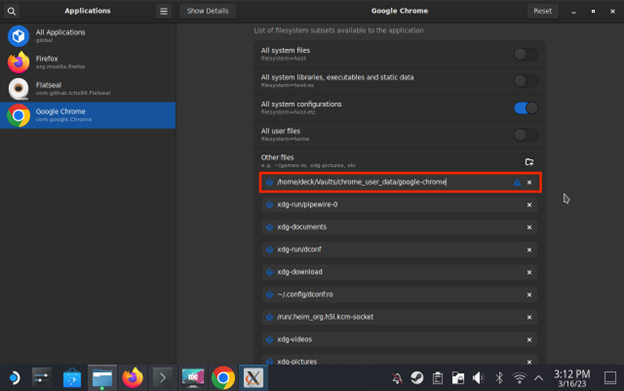 Using Flatseal to allow Chrome to access the vault's mount point.