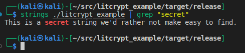 Finding our hidden string in the binary by using the strings command.
