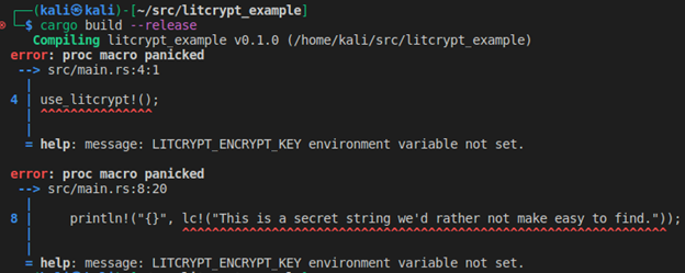 Build error due to missing LITCRYPT_ENCRYPT_KEY environment variable.