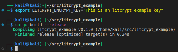 Exporting the LITCRYPT_ENCRYPT_KEY to the environment and rebuilding the binary successfully.