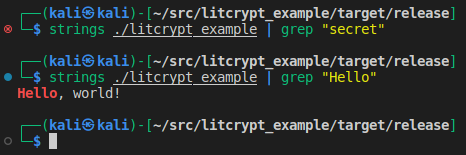 But the Hello World string, which wasn't passed to litcrypt, is still visible.