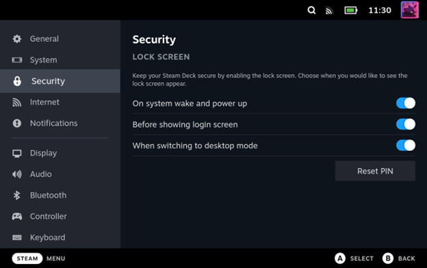 View of Steam Deck security settings displaying the 3 PIN lock screen options.