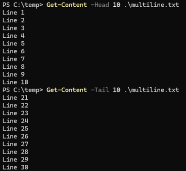 Image of example 4, Linux’s head / tail and PowerShell’s Get-Content