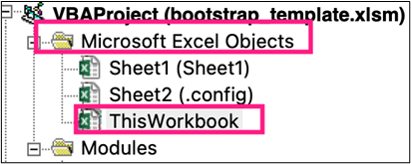 A screenshot of the Project navigation tree in the Excel VBA editor, with the Microsoft Excel Objects folder expanded, and the ThisWorkbook item highlighted.
