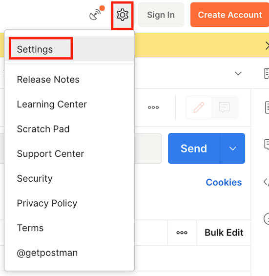 Postman with the preferences menu open and the Settings icon highlighted.