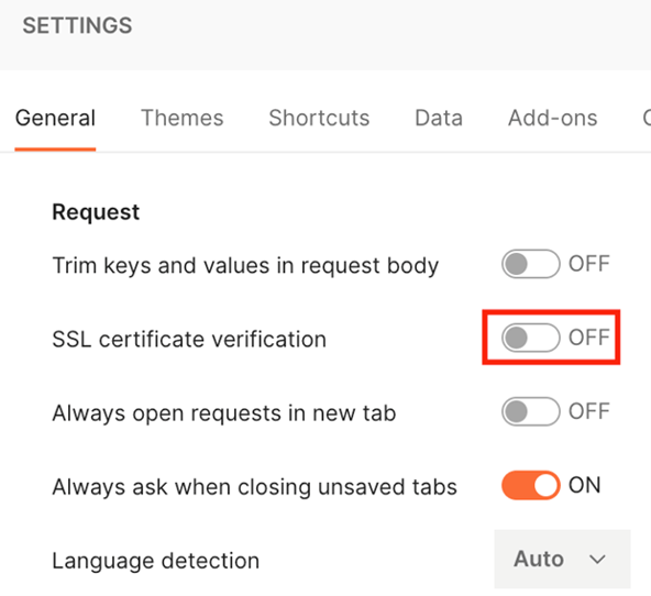 Postman's settings pane with the SSL certificate verification option highlighted and toggled off.