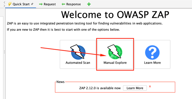 ZAP quick-start screen with the Manual Explore button highlighted.